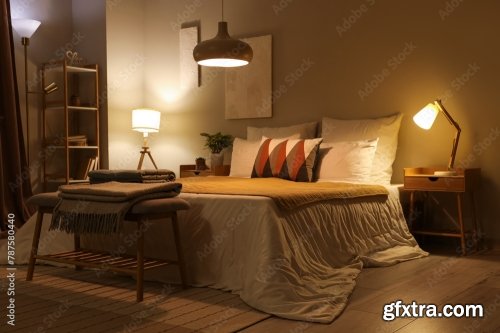 Interior Of Stylish Cozy Bedroom In Evening 6xJPEG