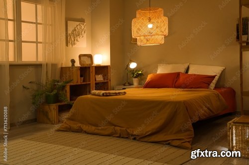 Interior Of Stylish Cozy Bedroom In Evening 6xJPEG