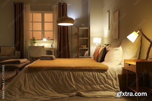 Interior Of Stylish Cozy Bedroom In Evening 6xJPEG