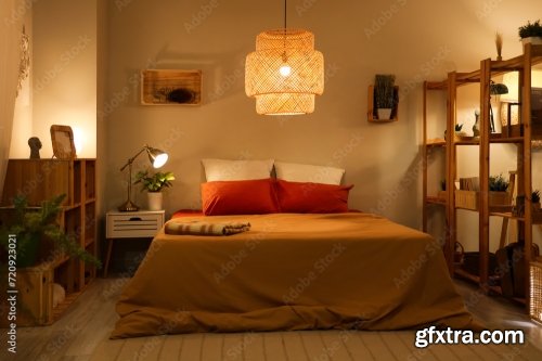 Interior Of Stylish Cozy Bedroom In Evening 6xJPEG