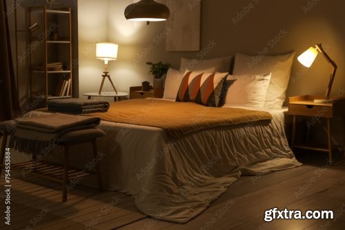 Interior Of Stylish Cozy Bedroom In Evening 6xJPEG