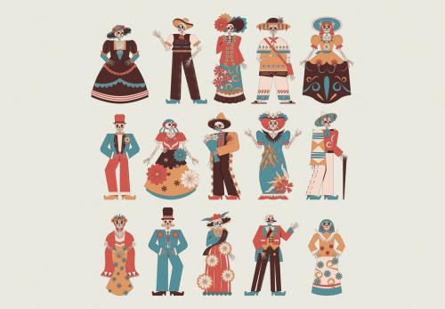 Brown Vintage Realism Skeleton in Mexico Costume Asset Illustration