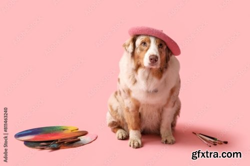 Cute Dog In Beret And With Paint Brush 6xJPEG