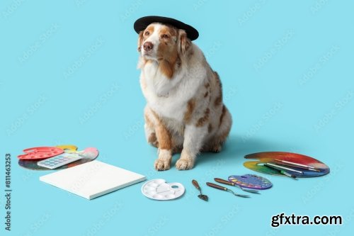 Cute Dog In Beret And With Paint Brush 6xJPEG