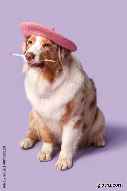 Cute Dog In Beret And With Paint Brush 6xJPEG