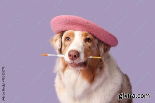 Cute Dog In Beret And With Paint Brush 6xJPEG