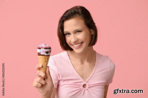 Happy Young Woman With Sweet Ice-Cream 6xJPEG