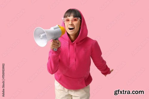 Surprised Young Woman With Megaphone 6xJPEG