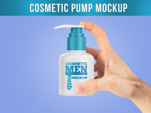 Cosmetic Pump in Hand Mockup PSD
