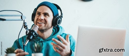 A Man Host Streaming His Audio Podcast 6xJPEG