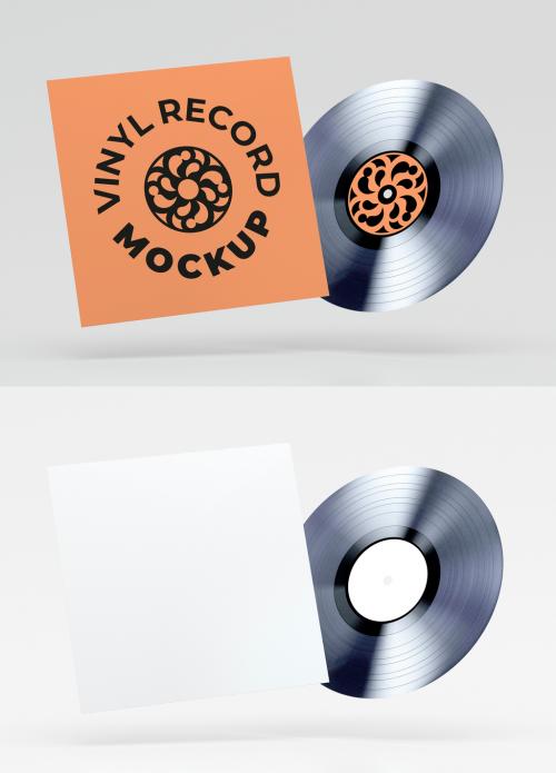 Floating Vinyl Record with Cover Frontal View Mockup