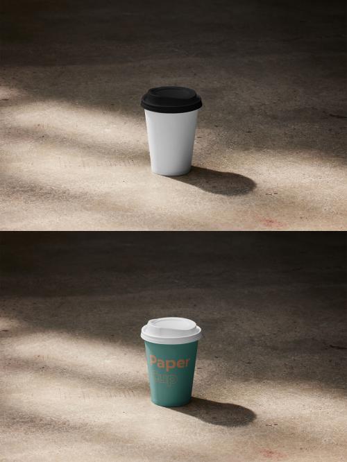 Paper Cup Mockup With Customizable Colors on Industrial Place