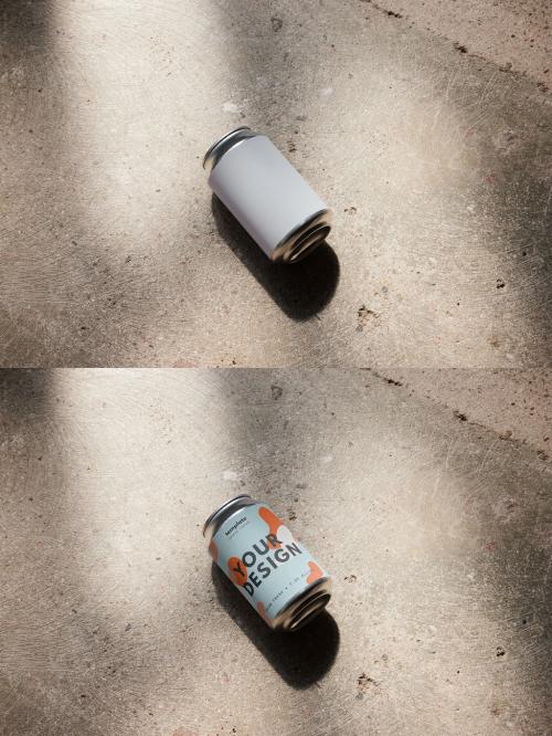 33 cl Beer Can Mockup On Floor With Sun Light
