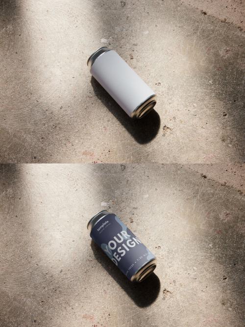 44 cl Beer Can Mockup On Floor With Sun Light