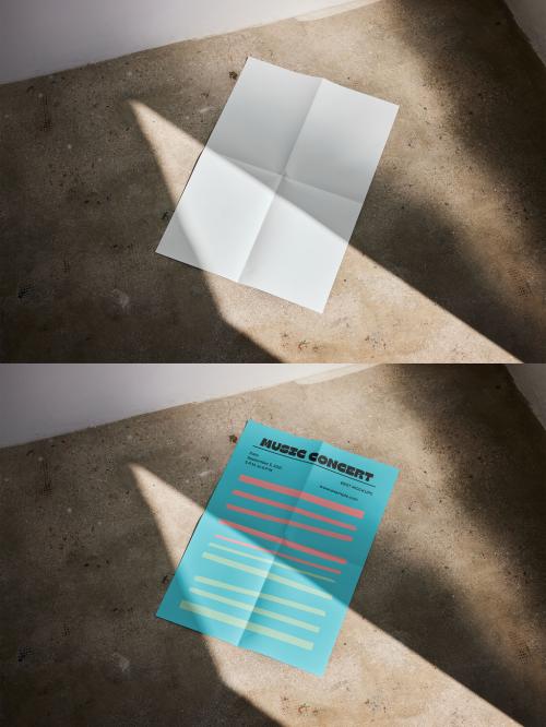 Big A2 Size Poster Mockup Folded on Floor With Beautiful Sun Light