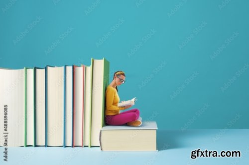 Tiny Woman Reading Books And Learning 6xJPEG