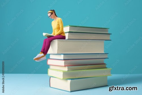 Tiny Woman Reading Books And Learning 6xJPEG