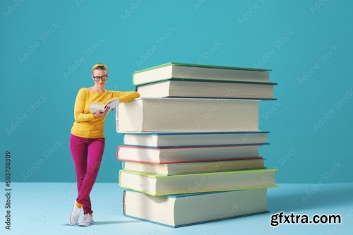 Tiny Woman Reading Books And Learning 6xJPEG