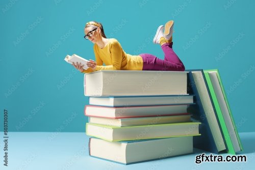 Tiny Woman Reading Books And Learning 6xJPEG