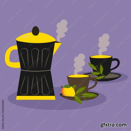 Flat Design Illustration With Pot And Two Cups Of Lemon 6xAI