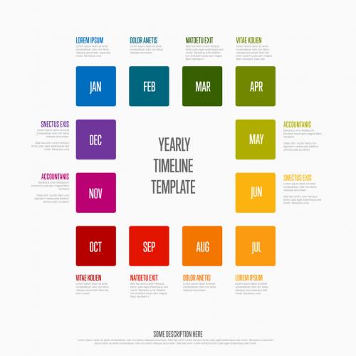 Full year timeline template with 12 month in rainbow square