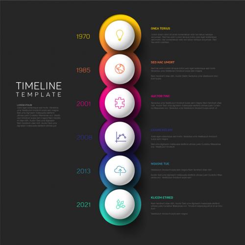 Dark Infographic Milestones Timeline Template with spheres - vertical version