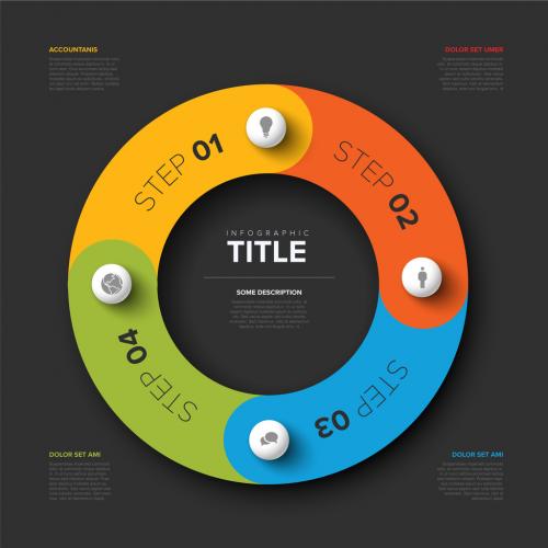 Simple dark infographic cycle with four spheres and icons