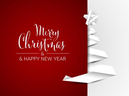 Simple vector Christmas card with white Christmas tree made from paper stripe on red background