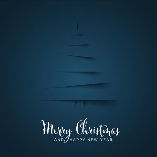 Dark blue Christmas card with tree made from paper cut stripes