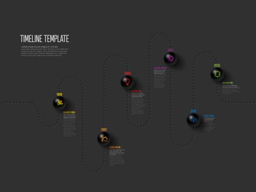 Infographic dark dotted curved timeline template with sphere elements