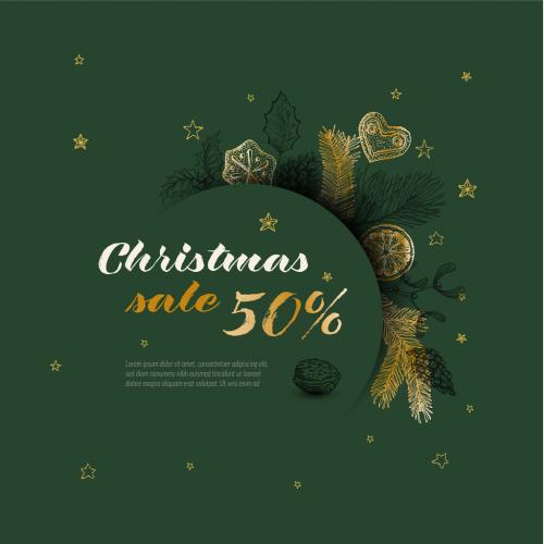 Vector dark green vintage hand drawn Christmas sale card banner with golden gray elements