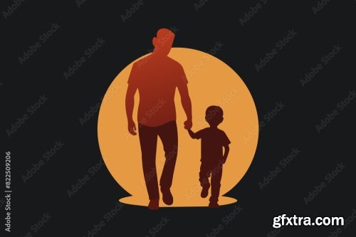 Loving Father Walking Side By Side With Son Holding Hands 6xSVG