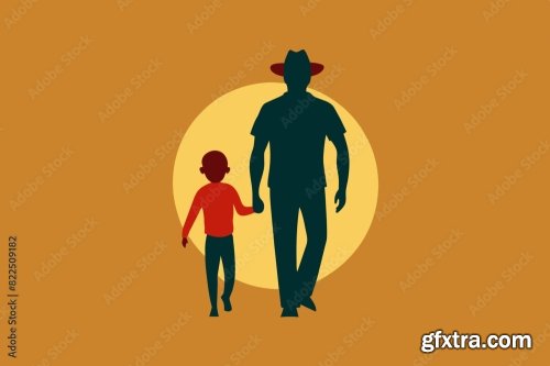 Loving Father Walking Side By Side With Son Holding Hands 6xSVG