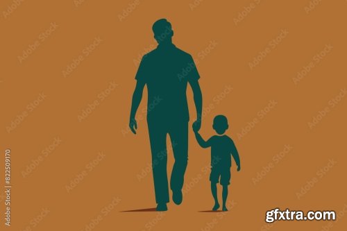 Loving Father Walking Side By Side With Son Holding Hands 6xSVG