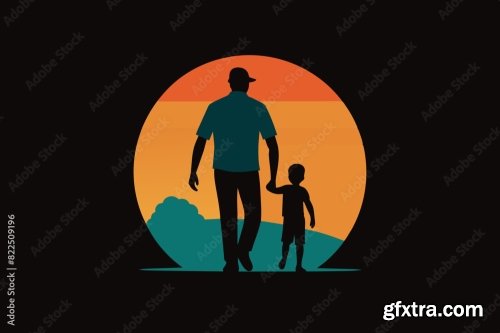 Loving Father Walking Side By Side With Son Holding Hands 6xSVG