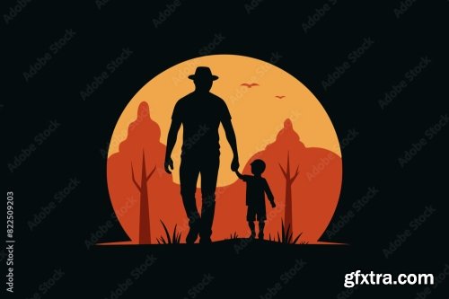 Loving Father Walking Side By Side With Son Holding Hands 6xSVG