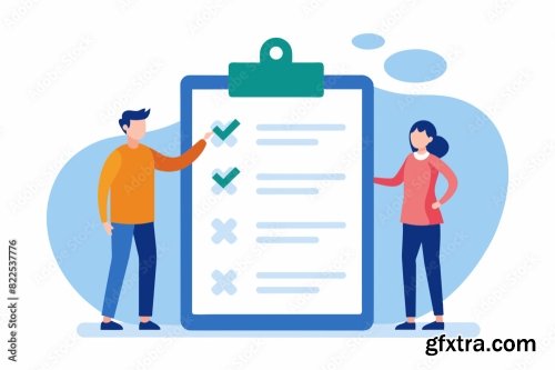 Two Individuals Standing Next To A Clipboard With A Checklist 6xSVG