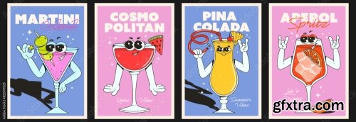 Retro Groovy Set Of Posters With Cocktail Characters 6xAI