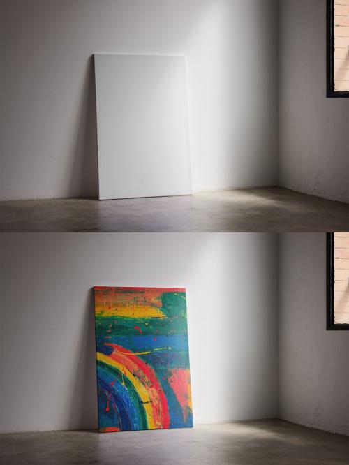 60 x 90 cm Painting Canvas Mockup Leaning on Wall