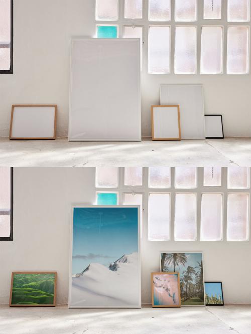 Collection of Various Picture Frame Mockup Leaning on Wall With Windows Behind