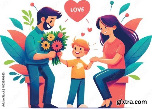 Parents Day, Family, Son And Father Give Mother A Large Bouquet Of Flowers 6xAI