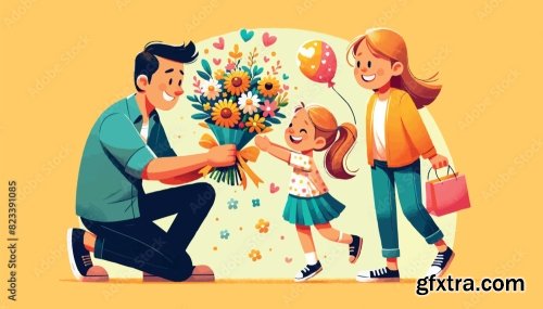 Parents Day, Family, Son And Father Give Mother A Large Bouquet Of Flowers 6xAI