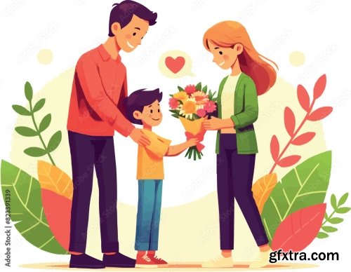 Parents Day, Family, Son And Father Give Mother A Large Bouquet Of Flowers 6xAI