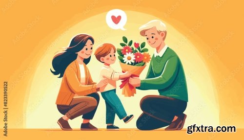 Parents Day, Family, Son And Father Give Mother A Large Bouquet Of Flowers 6xAI