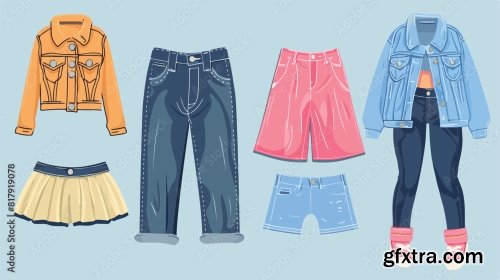 Four Of Different Jeans Clothes Vector Flat Illustration 6xAI