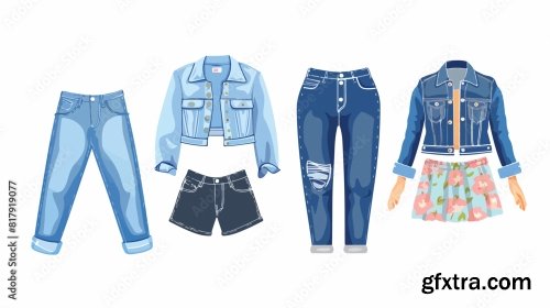 Four Of Different Jeans Clothes Vector Flat Illustration 6xAI