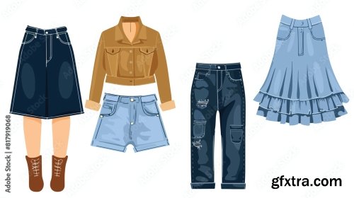 Four Of Different Jeans Clothes Vector Flat Illustration 6xAI