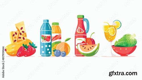 Four Of Different Grocery Food And Drink Products Vector 6xAI