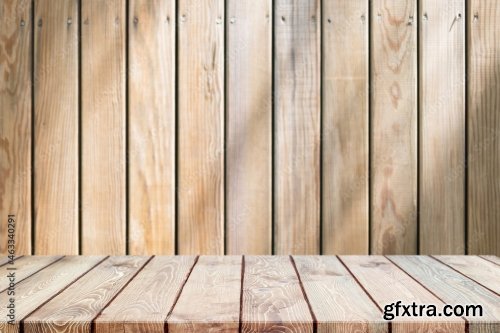 Empty Wood Table Top And Blurred White Wall In Garden Background 6xJPEG