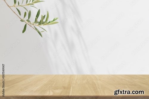 Empty Wood Table Top And Blurred White Wall In Garden Background 6xJPEG